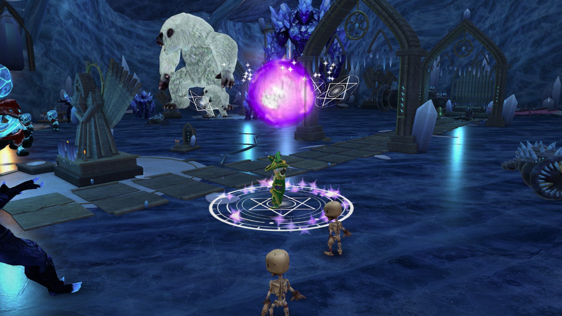 Hero fighting ice titans with soul magic in the frost sanctum